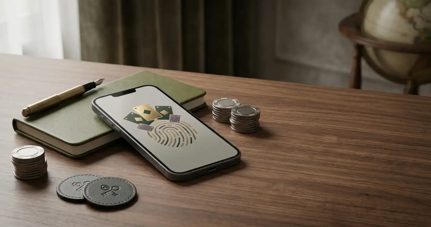 Editorial illustration of mobile casino access and account verification
